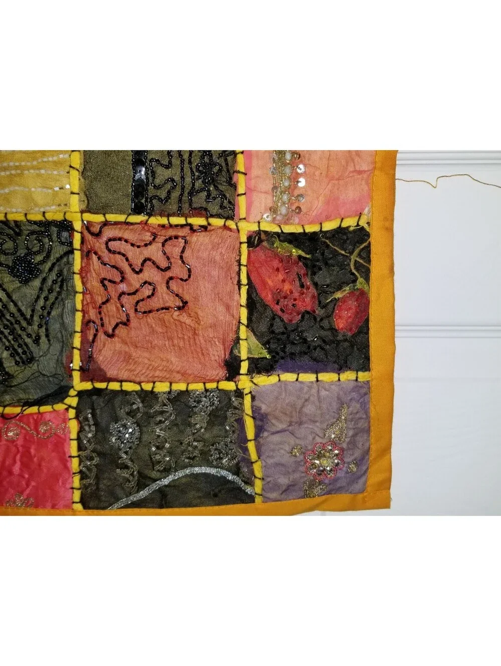 HAND BEADED EMBELLISHED INDIA WALL ART TAPESTRY PATCHWORK SQUARE 16